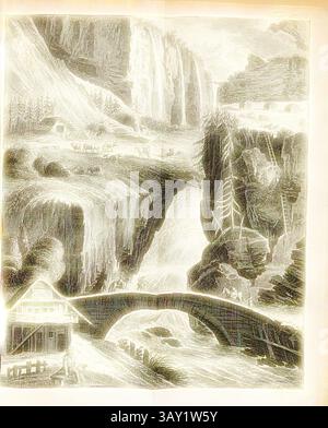 Un paysage serein avec des cascades majestueuses descendant des falaises rocheuses, entourées d'arbres luxuriants. Un charmant pont vole au-dessus d'une rivière, menant à une maison pittoresque au premier plan, tandis que des personnages lointains se livrent à des activités paisibles. La scène capture la beauté de la nature et l'harmonie de la présence humaine en son sein., à la description des alpes moyennes, illustration d'un paysage alpin avec des cabanes alpines, des pâturages de bétail, un pont de pierre et des échelles sur les rochers du 18ème siècle, signé : Geyser (SC.), PL. II, après p. 118, Geyser (SC.), Gottlieb Konrad Christian Storr : Alpenreis Banque D'Images