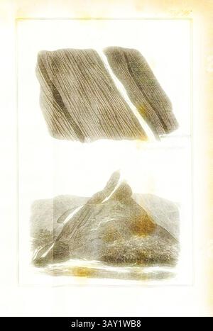 L'illustration montre deux paysages distincts : la partie supérieure présente une représentation texturée et abstraite de lignes, tandis que la partie inférieure représente une scène montagneuse sereine avec un plan d'eau coulant et une végétation luxuriante., Rock Storage and corridors 4, mine Holzappel et Weinähr, planche 16, après p. 240, 1846, Amédée Burat ; Carl Hartmann : Theorie der Erzlagerstätten, begründet auf die Beschreibung des Hauptvorkommens derselben am Harze, im Erzgebirge, in den Rheinlanden, in Toskana u.s.w. Quedlinburg und Leipzig : Druck und Verlag von Gottfr. Basse, 1846, Art classique avec une touche moderne reima Banque D'Images