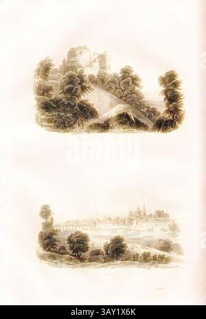 Une illustration détaillée montrant deux paysages pittoresques : la scène supérieure présente un majestueux château au sommet d'une colline, entouré d'une végétation luxuriante, tandis que la scène inférieure représente un village serein au bord de la rivière avec des bâtiments pittoresques et un clocher d'église, encadré par des arbres., ruines du château de Dornach - Soleure, ci-dessus : vue de la ruine Dorneck à Dornach, ci-dessous : vue de Soleure avec Ursenkathedrale, Nach S. 98, 1835, Alexandre Martin : la Suisse et ses environs. Tableau général, descriptif, historique et statistique des 22 cantons, de la Savoie, d'une partie du Piémont et du pays de Bade. PA Banque D'Images