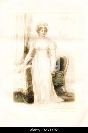 Une femme élégamment habillée se tient à côté d'une table, sa tenue reflétant la mode du début du XIXe siècle. Elle regarde avec confiance, avec un soupçon de sophistication, tandis que la lumière coule à travers une fenêtre voisine, éclairant les détails délicats de son ensemble et le décor orné autour d'elle., Madame de Staël-Holstein (née Necker), Portrait de l'écrivaine française Anne Louise Germaine de Staël, p. 338, Massard (del. Et Scupt.), 1835, Alexandre Martin : la Suisse pittoresque et ses environs. Tableau général, descriptif, historique et statistique des 22 cantons, de la Savoie, d'une partie du Piémont et d Banque D'Images