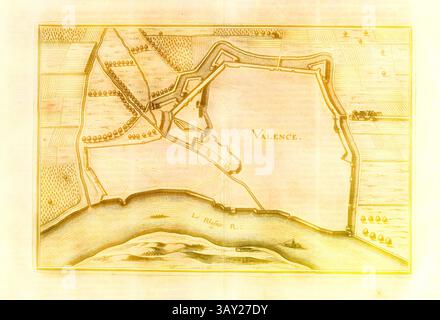 Une carte historique illustrant le tracé de Valence, mettant en valeur ses murs fortifiés, les paysages environnants et la rivière voisine, avec des éléments clés étiquetés pour une référence facile., Valence, Plan de fortification de Valence en France, Fig. 325, p. 22, 1661, Martin Zeiller : Topographia Galliae, oder Beschreibung und Contrafaitung der vornehmbsten und bekantisten Oerter in dem mächtigen und grossen Königreich Franckreich : Beedes auss eygner Erfahrung und den besten und berühmbtesten Scribenten, SO in underschiedlichen Spraachen davon aussgangen seyn, auch auss erlangen Berichett und Relichetlic von Relichett und Banque D'Images