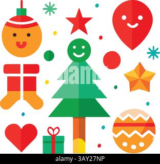 Icônes de Noël créatives pour les concepteurs, éléments de Noël : Père Noël, chapeau, cloche, arbre, lumière, cadeau, lire hart, cadeau de Noël, étoile, Illustration de Vecteur