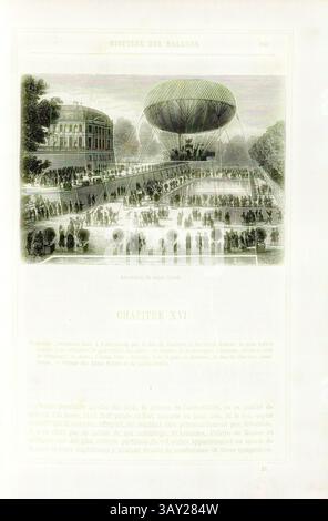 Un spectacle aérien présente une grande montgolfière se préparant à l'ascension, entourée d'une foule enthousiaste dans un cadre extérieur. La scène présente une toile de fond architecturale détaillée, une verdure luxuriante et une atmosphère d'excitation lorsque les spectateurs observent l'événement se dérouler., Ascension de Saint-Cloud, vol en montgolfière le 15 juillet 1784 à Saint-Cloud par Anne-Jean Robert (1758 1820) et Nicolas-Louis Robert (1760 1820) avec Colin Hullin et Louis-Philippe Ii. Joseph de Bourbon, duc d'Orléans, signé :, Tellier, Tissandier, Fig. 33, p. 161, Tissandier, Albert (dess.) ; Tellier, Edmond (SC.), 187 Banque D'Images