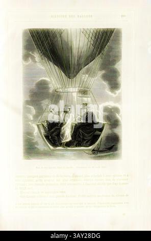 Deux personnages sont assis dans une gondole vintage en montgolfière, engagés dans la conversation. Ils sont habillés dans des vêtements d'époque, avec un fond de nuages dramatiques, créant une atmosphère aventureuse. Ci-dessous, le texte fournit un contexte historique sur la scène, faisant allusion à un moment important de l'histoire du vol en montgolfière., Jean-Baptiste Biot et Joseph Louis Gay-Lussac sur un vol en montgolfière le 20 août 1804, signé : H. R., Renard, Fig. 51, p. 289, Art classique avec une touche moderne réinventée par Artotop Banque D'Images