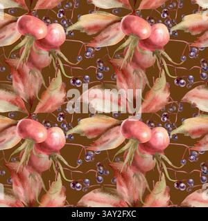 Baies de hanche rouge d'automne, raisins sauvages feuilles rouges et baies motif aquarelle sans couture sur sombre. Fond saisonnier d'automne dessiné à la main avec des elemen floraux Banque D'Images
