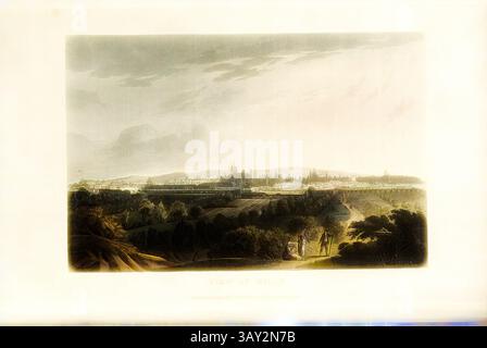 Une vue panoramique sur une ville historique se déploie, mettant en valeur des paysages tentaculaires, une végétation luxuriante et des monuments architecturaux au loin. On peut voir des figures se promener le long d'un chemin, profiter de l'atmosphère sereine sous un ciel dramatique., vue de Milan, vue de Milan, aquatinte, coloré, planche 35, intégrée à p. 130, Lory, Gabriel Ludwig, 1820, Gabriel Ludwig Lory, Frédéric Schoberl, tour pittoresque de Genève à Milan, en passant par le Simplon (...). Londres : R. Ackermann, 1820, Art classique avec une touche moderne réinventé par Artotop Banque D'Images