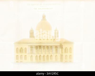 Une illustration architecturale représentant le Capitole de l'État du Massachusetts, montrant les détails complexes de son dôme et de sa façade, soulignant sa grandeur et son importance historique., la capitale du Massachusetts montrant l'agrandissement érigé en 1853, contour de la Massachusetts State House à Boston, signé : Gridley J. F. Bryant ; J.H. Bufford's Lith, Fig. 1, selon p. 23, Bryant, Gridley J. F. (del.) ; Bufford, John Henry (SC.), 1854, rapport des commissaires pour l'élargissement de la State House. [Boston] : [s. n.], [1854], Art classique avec une touche moderne réinventé par Artotop Banque D'Images
