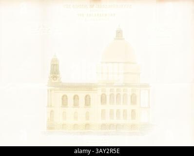 Un dessin architectural historique de la Massachusetts State House, mettant en valeur son grand dôme et des caractéristiques de conception classique, avec des annotations et des signatures., la capitale du Massachusetts montrant l'agrandissement érigé en 1853, contour de la Massachusetts State House à Boston, signé : Gridley J. F. Bryant ; J.H. Bufford's Lith, Fig. 3, selon p. 23, Bryant, Gridley J. F. (del.) ; Bufford, John Henry (SC.), 1854, rapport des commissaires pour l'élargissement de la State House. [Boston] : [s. n.], [1854], Art classique avec une touche moderne réinventé par Artotop Banque D'Images