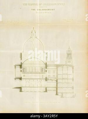 Un dessin architectural détaillé du Capitole du Massachusetts, présentant la conception de son agrandissement. L'illustration comprend des coupes verticales et des annotations, mettant en évidence des caractéristiques telles que des dômes et des tours d'horloge., la capitale du Massachusetts montrant l'agrandissement érigé en 1853, section transversale de la Massachusetts State House à Boston, signé : Gridley J. F. Bryant ; J.H. Bufford's Lith, Fig. 9, p. 23, Bryant, Gridley J. F. (del.) ; Bufford, John Henry (SC.), 1854, rapport des commissaires pour l'élargissement de la State House. [Boston] : [s. n.], [1854], Art classique avec un mode Banque D'Images