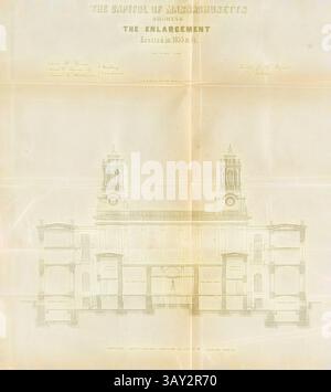 Un dessin architectural détaillé montre la façade du Capitole dans le Massachusetts, mettant en évidence les caractéristiques de conception et la structure de l'agrandissement achevé en 1853., la capitale du Massachusetts montrant l'agrandissement érigé en 1853, section longitudinale de la Massachusetts State House à Boston, signé : Gridley J. F. Bryant ; J.H. Bufford's Lith, Fig. 8, selon p. 23, Bryant, Gridley J. F. (del.) ; Bufford, John Henry (SC.), 1854, rapport des commissaires pour l'élargissement de la State House. [Boston] : [s. n.], [1854], Art classique avec une touche moderne réinventé par Banque D'Images