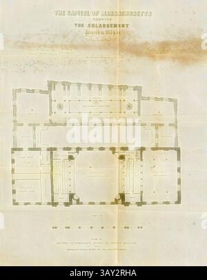 Un plan architectural détaillé montrant l'agencement du bâtiment du Capitole de l'État du Massachusetts, soulignant la conception et les dimensions de l'agrandissement achevé en 1855., la capitale du Massachusetts montrant l'agrandissement érigé en 1853, plan d'étage de la deuxième mezzanine et du 4ème étage de la Massachusetts State House, Boston, signé : Gridley J. F. Bryant ; J.H. Bufford's Lith, Fig. 16, selon p. 23, Bryant, Gridley J. F. (del.) ; Bufford, John Henry (SC.), 1854, Report of the Commissioners for the Elargissement of the State House. [Boston] : [s. n.], [1854], Art classique avec un moderne Banque D'Images