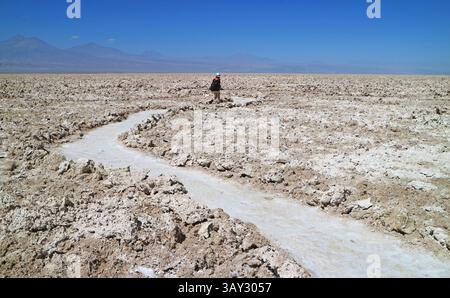 Visiteur sur le sentier parmi Salar de Atacama, un étonnant plat salin chilien dans la région d'Antofagasta, nord du Chili, Amérique du Sud Banque D'Images