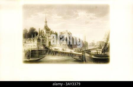 Un front de mer serein présente un port historique, avec une architecture élégante et des bateaux amarrés au quai. Des arbres luxuriants bordent le rivage, et une ligne d'horizon douce fait allusion à la présence de collines voisines. L'atmosphère évoque un sentiment de tranquillité et d'intemporalité., Rotterdam. Old main Gate, View Oude Hoofdpoort in Rotterdam, signé : L. Rohbock (del.) ; G. Hess (sculp.), après p. 138, p. 171, Rohbock, Ludwig (del.) ; Hess, G. (Sculp.), 1863, Der Rhein und die Rheinlande in malerischen original-Ansichten : Abtheilung 3, section 2 / Holland. Darmstadt : Druck und Verlag von Gustav Lange, 1863, classe Banque D'Images