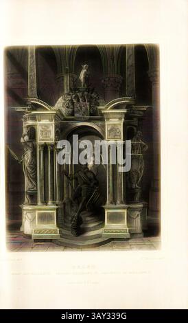 Un grand monument architectural présente une arche de conception complexe avec des sculptures détaillées, y compris une figure rodée tenant une échelle et une autre brandissant une épée. La scène dégage un sentiment de vénération, entourée de colonnes ornées et de riches éléments décoratifs, évoquant des thèmes de justice et de gouvernance., Delft. Tombeau de Guillaume II :, vue tombeau du roi Guillaume II à Delft, signé : L. Rohbock (del.) ; W. Dammel (sculp.), P. 186, p. 267, Rohbock, Ludwig (del.) ; Dammel, W. (Sculp.), 1863, Der Rhein und die Rheinlande in malerischen original-Ansichten : Abtheilung 3, section 2 / Holland. Darmstadt : Banque D'Images