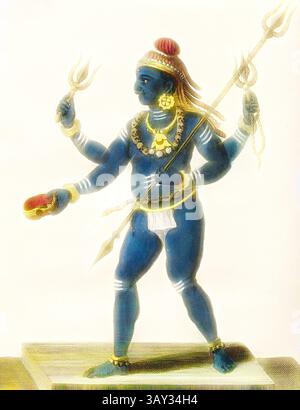 Une figure centrale se tient en toute confiance, ornée de bijoux complexes et d'une coiffe rouge frappante. Il tient un trident dans une main et un objet symbolique dans l'autre, incarnant la force et la divinité. Sa peau bleue signifie sa nature céleste, et des ornements élaborés renforcent sa présence royale., Vairevert, Vairevert, le troisième fils de Shiva et Dieu de la destruction, signé : P. Sonnerat pinx, poisson SC, PL. 57, avant p. 183 (vol. 1), Sonnerat, Pierre M. (pinx.) ; poisson, Jean-Baptiste Marie (Sculp.), 1782, Sonnerat, Pierre : voyages aux Indes orientales et a la Chine. Fait par ordre du roi depuis 1 Banque D'Images