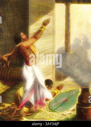 Un personnage lève joyeusement les bras dans la célébration tandis que la lumière du soleil coule à travers une porte ouverte, éclairant la scène. Au premier plan, une autre personne s'agenouille avec une feuille verte, engagée dans un acte de dévotion ou d'offrande, entourée par la lueur chaude du moment., indienne faisant Pongol, deux femmes indiennes célèbrent le festival Pongal, une fête de Thanksgiving célébrant le retour du soleil en janvier. Signé : P. Sonnerat pinx, poisson SC, pl. 64, après p. 240 (vol, ), Sonnerat, Pierre M. (pinx.) ; poisson, Jean-Baptiste Marie (Sculp.), 1782, Sonnerat, Pierre : voyages aux Indes orientales et a l Banque D'Images