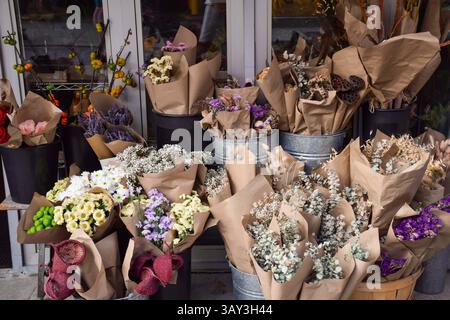 Une sélection de fleurs fraîches et séchées devant la boutique de fleurs Banque D'Images
