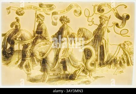 Un groupe de trois personnages royaux à cheval, ornés d'une tenue élaborée et couronnés de coiffes ornées, défilent avec des bannières qui se déroulent au-dessus d'eux. Chaque figure détient un élément distinctif, suggérant une procession cérémonielle, avec des dessins complexes et des motifs stylisés améliorant la scène., Lucas van Leyden, Netherlandish, 1494-1533, Abijah, ASA et Jehosafat, entre 1515 et 1517, gravure sur bois imprimée à l'encre noire sur papier vergé, feuille : 12 3/4 × 20 3/8 pouces (32,4 × 51,8 cm), art classique avec une touche moderne réinventée par Artotop Banque D'Images