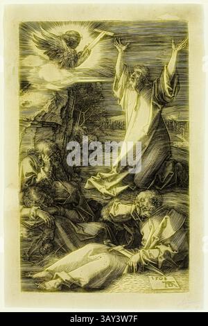 Un groupe de figures, profondément émotionnelles et engagées dans la prière, entourent une figure centrale qui lève les bras vers une présence radieuse et céleste au-dessus. La scène est dramatique, mettant en lumière les thèmes de la foi et de l'intervention divine au milieu d'un paysage naturel., Albrecht Dürer, allemand, 1471-1528, Christ sur le Mont des oliviers, 1508, gravure imprimée à l'encre noire sur papier vergé, planche : 4 1/2 × 2 7/8 pouces (11,4 × 7,3 cm), Art classique avec une touche moderne réinventée par Artotop Banque D'Images