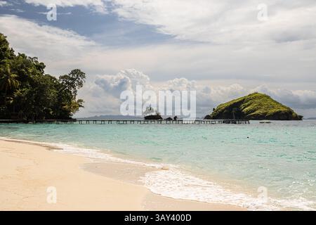 Vue d'en haut, cette image aérienne capture la plage sereine et les eaux cristallines de l'archipel Raja Ampat en Indonésie, avec un îlot verdoyant Banque D'Images