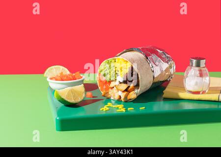 Gros plan d'un burrito fraîchement préparé rempli d'ingrédients colorés comme le guacamole, le riz et les haricots noirs, tourné en studio avec un éclairage dur et b Banque D'Images