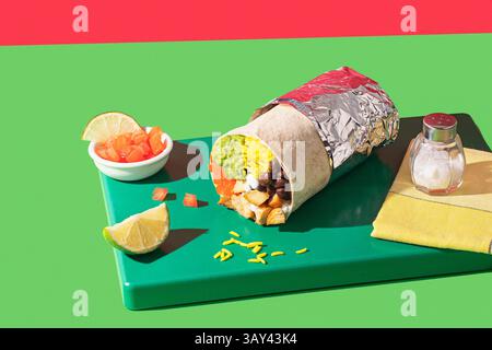 D'en haut un burrito coloré avec guacamole, riz et haricots, tourné en studio avec un éclairage audacieux et un fond coloré ludique et moderne Banque D'Images