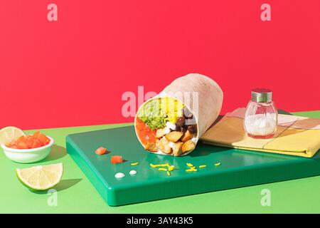 Gros plan d'un burrito coloré avec guacamole, riz et haricots, tourné en studio avec un éclairage audacieux et un fond coloré ludique et moderne Banque D'Images