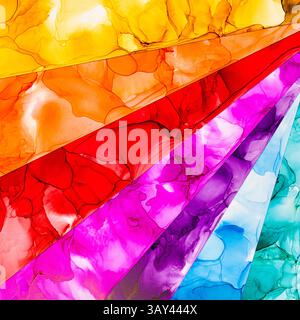 Œuvre d'art abstraite vibrante avec des couches de couleurs textures liquides sur papier. Les teintes qui se chevauchent créent un visuel dynamique et vivant, parfait pour l'art. Banque D'Images