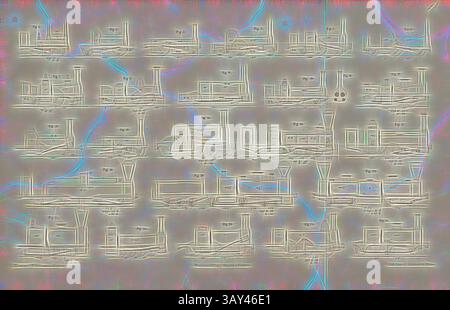 Une collection de dessins abstraits au trait représentant divers navires à vapeur, agencés de manière complexe dans un format de grille. Chaque navire présente des caractéristiques et des conceptions distinctes, mettant l'accent sur la diversité et l'évolution de l'architecture maritime. Le fond présente une texture subtile, améliorant la composition globale., machines de traction 3, croquis techniques pour machines de traction, signé : Heusinger v., W, Lith., v, J. Lehnhardt ; Publisher v., Ch. W. Kreidel, planche F, après p. 175, Heusinger von Waldegg, Edmund ; Lith. Anstalt von J. Lehnhardt (lith.) ; Christian Wilhelm Kreidel Verlag (dir.), Edmund Heusinger Banque D'Images