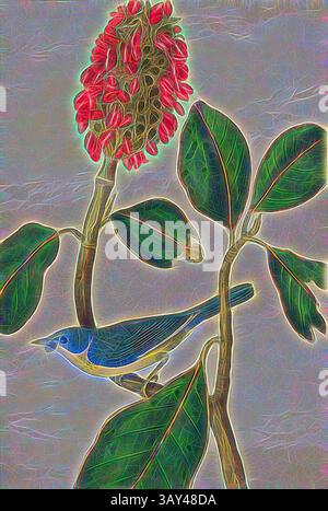 Un oiseau bleu éclatant se perche gracieusement sur une branche feuillue, entouré d'un groupe saisissant de fleurs rouges. La scène est imprégnée d'un flair artistique, mettant en valeur la beauté naturelle et les couleurs de la flore et de la faune., Bonaparte's Flycatching-Warbler - Great Magnolia, Magnolia Grandiflora, Canadian Warbler (Myiodioctes Bonapartii), Evergreen Magnolia, signé : J.J. Audubon, J.T. Bowen, lithographie, PL. 73 (volume 2), Audubon, John James (dessiné) ; Bowen, J. T. (lith.), 1856, John James Audubon : les oiseaux d'Amérique : à partir de dessins réalisés aux États-Unis et dans leurs territoires. New York : Audubon Banque D'Images
