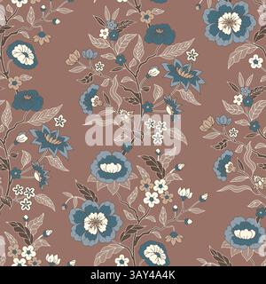Motif jacobéen sans couture avec des fleurs bleues dessinées à la main et des feuilles sur fond brun. Papier peint floral boho répété avec ornement indien chintz Illustration de Vecteur