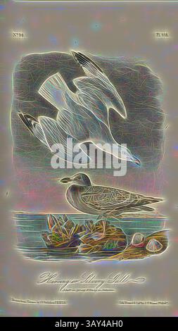 Un oiseau gracieux s'élève au-dessus de la tête tandis qu'un autre repose parmi les eaux ondulantes et les plantes aquatiques, capturant un moment de tranquillité dans la nature., Goéland argenté, Goéland argenté (Larus argentatus), signé : J.J. Audubon, J.T. Bowen, lithographie, PL. 448 (vol. 7), Audubon, John James (tiré) ; Bowen, J. T. (lith.), 1856, John James Audubon : les oiseaux d'Amérique : à partir de dessins réalisés aux États-Unis et dans leurs territoires. New York : Audubon, 1856, Art classique avec une touche de modernité réinventé par Artotop Banque D'Images