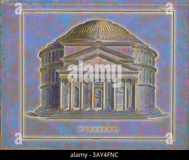 Représentation artistique d'une grande structure circulaire avec un toit en dôme et des colonnes ornées, étiquetée « PANTHÉON ». Le design présente des détails complexes qui mettent en valeur les éléments architecturaux classiques, entourés d'un décor vibrant et texturé., Panthéon, extérieur du Panthéon à Rome, signé : G. Br, Stdr., v, Rud., Weber, Tab. XXIII, Weber, Rudolf (Steindr.), Franz Heinrich Köhler : Urbs Roma : Ansichten der Tempel, Paläste, Théâtre, Amphithéâtre, Triumphbogen, Porticus, Circi, Naumachieen, Basilieae, Grabmäler, Wasserleitungen, Thore, Bäder, Ehrensäulen, Obelisken et Bd. 2. Leipzig Banque D'Images