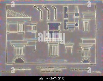 Un plan architectural détaillé présentant diverses colonnes, portiques et ornementations, mettant en valeur des conceptions complexes et des éléments structurels typiques de l'architecture classique. La disposition met l'accent sur la symétrie et la précision dans la disposition des différentes composantes., Temple de Neptune à Paestum, Détails des colonnes du temple de Neptune à Paestum en Italie, signé : E. Viollet Leduc (del.), Lemaitre (sculp.), Fig. 50, p. 223, Viollet-le-Duc, Adolphe Etienne, Lemaitre (sculp.), 1853, Jules Gailhabaud : monuments anciens et modernes. BD 1. Paris : librairie de Firmin Didot frères, 1853 Banque D'Images