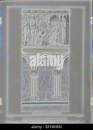 Une représentation architecturale détaillée avec des colonnes au design complexe et une série de figures engagées dans une scène dramatique au-dessus d'eux, mettant en valeur un mélange de vêtements fluides et de poses expressives, le tout encadré par des bordures ornées., fermeture du chœur de notre-Dame de Paris. Élévation d'une promenade côté nord, Yoke dans la cathédrale notre-Dame, signé : ad., Berty del, Ribault SC, PL., 67, Berty, Adolphe (del.) ; Ribault (SC.), 1853, Jules Gailhabaud : monuments anciens et modernes : Collection formant une histoire de l'architecture des différents peuples à toutes les époques. Paris : librairie de Firmin Banque D'Images