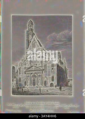 Un grand bâtiment au design complexe se tient en évidence, présentant des caractéristiques architecturales élaborées et une tour de l'horloge frappante. Autour de la structure, les piétons semblent petits face à sa présence imposante, créant un sentiment d'échelle et de grandeur. Le ciel au-dessus du ciel est dynamique, faisant allusion à une toile de fond atmosphérique qui rehausse la scène., Église de nouveaux Étienne de Mont à Paris. France, église St-Étienne-du-Mont à Paris, signée : Jourdan et Bury del, Bury Sculps, Fig. 22, p. 131, Jourdan, J. (del.) ; Bury, Jean Baptiste Marie (del. et SC.), 1853, Jules Gailhabaud : monuments anciens et Banque D'Images