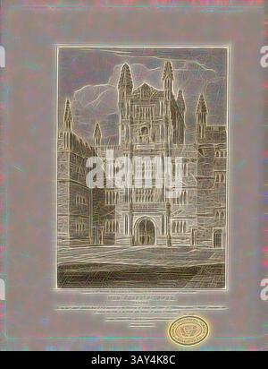 Une représentation architecturale complexe d'un grand bâtiment, avec des flèches imposantes et des pierres détaillées. La scène transmet un sentiment d'importance historique et de grandeur, mis en évidence par une bordure décorative et un emblème au fond., The Schools-Tower, Oxford, Oxford, Order, gravé par W. Woolnoth, gravé par F. Mackenzie, Fig. 70, selon p. 90, Mackenzie, F. (dessin) ; Woolnoth, William (gravure), 1812, John Britton : les antiquités architecturales de la Grande-Bretagne : représenté et illustré dans une série de vues, d'élévations, de plans, de sections et de détails de divers anciens anglais Banque D'Images