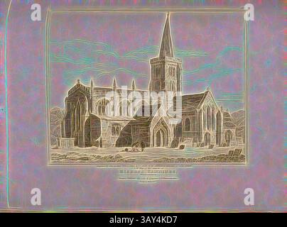 Une illustration détaillée d'une grande église, avec des flèches montantes et des arcs soigneusement conçus, sur un paysage pittoresque avec des collines ondulantes en arrière-plan., S. W. View of the Church at Bishops Cannings, Wiltshire, St James Church at Bishops Cannings in Wiltshire, signé : graved by John le Keux, from a Sketch by J.C. Smith ; publié par Longman & Co, Fig. 36, PL. I, après p. 119, Smith, J. C. (croquis) ; Keux, John le (gravure) ; Longman & Co (publié), 1813, John Britton : The architectural Antiquities of Great Britain : représenté et illustré dans une série de vues Banque D'Images
