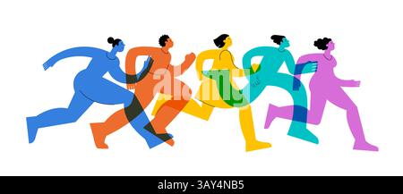 Figurines de coureurs abstraites. Illustration colorée d'un groupe de personnes, hommes et femmes, marathon en cours d'exécution ensemble Illustration de Vecteur