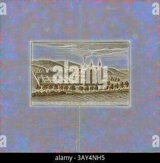 Une illustration au design complexe met en valeur une structure architecturale sur un fond pittoresque de collines et d'eau, capturant l'essence d'un château historique avec des lignes détaillées et des éléments de la nature qui l'entourent., vue du château de la Neufville sur les rives de la Meuse, Château de la Neufville à Amay, signé : Remacle le Loup fec, Fig. 42, après p. 372, Leloup, Remacle (fec.), 1744, les délices du païs de Liège, ou description géographique, topographique et chorographique des monumens sacrés et profanes de cet evêché-principauté et de ses limites. Ouvrage orné d'une carte Banque D'Images