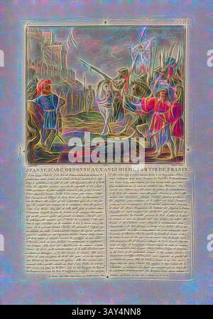 Une scène historique représentant une confrontation tendue entre un groupe de soldats et une figure représentant l'autorité, avec des personnages engagés dans la conversation sur fond d'un champ de bataille. Le texte qui l'entoure fournit le contexte et les détails de l'événement, mettant en évidence les thèmes du conflit et de la défiance., Jeanne d'Arc ordonne aux Anglais de quitter la France, Jeanne d'Arc dans la guerre contre les Anglais, signé : Sergent (del.) ; Roger (sculp.) ; chez Blin, O., 3, Sergent, Antoine Louis François (del.) ; Roger (Sculp.) ; Blin (chez), Antoine François Sergent-Marceau : Portraits des grands hommes, femmes Banque D'Images