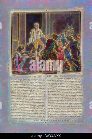 Une scène historique représentant un moment dramatique impliquant un groupe de personnages entourés d'une action intense, avec un personnage central apparaissant dans un moment de conflit ou de confrontation. Le texte d'accompagnement raconte l'événement, ajoutant du contexte au drame en cours., mort de Coligny, Gaspard II de Coligny, Comte de Coligny, paire de France et de ses meurtriers, signé : Sergent (del.) ; Moret (sculp.) ; chez Blin, G no. 4, Sergent, Antoine Louis François (del.) ; Morret, Jean-Baptiste (SC.) ; Blin (chez), Antoine François Sergent-Marceau : Portraits des grands hommes, femmes illustres et sujets Banque D'Images