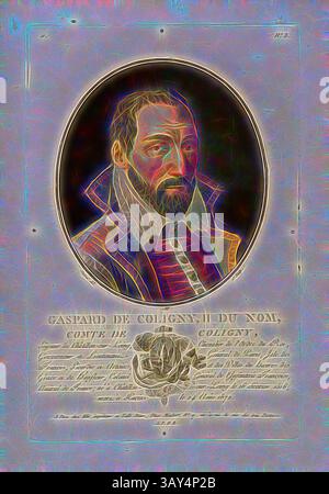 Portrait stylisé d'une figure historique ornée d'une tenue élaborée, encadrée par un motif orné et accompagnée d'un texte décoratif qui suggère une lignée noble. L'expression sévère de la figure et ses vêtements complexes reflètent un sens de signification et d'autorité., Gaspard de Coligny, II du nom, Comte de Coligny, Gaspard II de Coligny, Comte de Coligny, paire de France, signé : Sergent (del. Et sculp.) ; chez Blin, G no. 3, Sergent, Antoine Louis François (del. Et SC.) ; Blin (chez), Antoine François Sergent-Marceau : Portraits des grands hommes, femmes illustres et sujets mémorables de France Banque D'Images