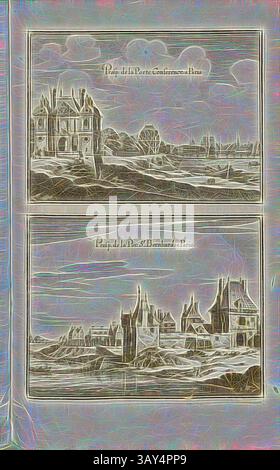 Une illustration détaillée présente deux scènes distinctes : la grandeur d'une demeure majestueuse dans la moitié supérieure et une vue pittoresque sur les bâtiments historiques dans la moitié inférieure, les deux dans un paysage serein. Les lignes et les textures complexes améliorent les détails architecturaux, créant un sentiment de profondeur et d'élégance., Prosp. La porte Conférence à Paris et Prosp. Du Por. Bernhard à Paris, porte de la Conférence et porte Saint-Bernard à Paris, Fig. 73, p. 64, Martin Zeiller : Topographia Galliae, oder, Beschreibung und Contrafaitung der vornehmbsten und bekantisten Oerter in dem Banque D'Images