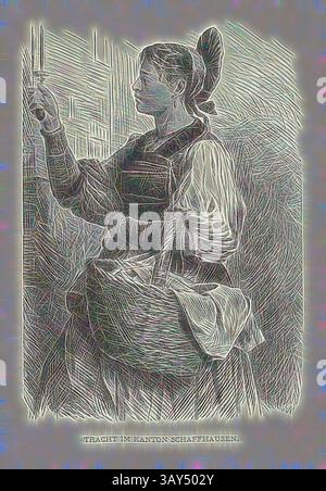 Une femme vêtue d'une tenue traditionnelle du canton de Schaffhausen tient un panier et semble être engagée dans un moment de contemplation ou d'observation. Sa tenue élégante et son attitude serrée reflètent un sentiment d'héritage culturel et de fierté., costume dans le canton de Schaffhausen, illustration d'une femme de Schaffhausen en costume typique du XIXe siècle, fig. 43, p. 50, Woldemar Kaden : Das Schweizerland : eine Sommerfahrt durch Gebirg und Thal. Stuttgart : Engelhorn, 1875, Art classique avec une touche moderne réinventé par Artotop Banque D'Images