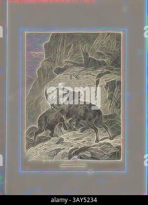 Une scène dramatique montre deux chèvres sauvages engagées dans une confrontation féroce au milieu d'un paysage montagneux accidenté, avec des falaises déchiquetées et des ombres accentuant l'intensité de leur lutte., Stone Bone in the Fight, illustration of Fighting ibexes on a 19th Century Promontory, signé : F. Specht, A. Closs X. J, p. 293, p. 340, Specht, FR. ; Closs, Adolf, Woldemar Kaden : Das Schweizerland : eine Sommerfahrt durch Gebirg und Thal. Stuttgart : Engelhorn, 1875, Art classique avec une touche moderne réinventé par Artotop Banque D'Images