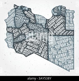 Les nuages de mots des régions libyennes. Forme de pays sur fond texturé. Design libyen dans un style typographique. Illustration vectorielle vibrante. Illustration de Vecteur