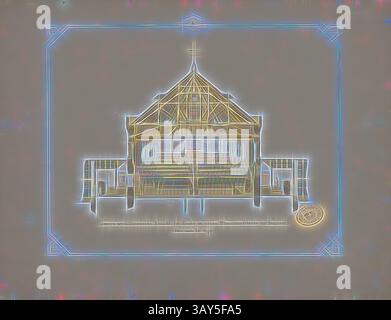 Une illustration artistique d'une structure traditionnelle avec des détails architecturaux complexes, mis en évidence par des contours brillants et des accents vibrants. La conception présente des poutres en bois et un toit distinctif, placés sur un fond légèrement texturé., vue architecturale intérieure de l'église dans le nouveau pénitencier pour hommes à Bruchsal, côté après l'orgue, coupe transversale de l'église regardant vers l'orgue, signé : C. Heilig lith, imprimé par Friedr., Gutsch, Tab. VI, à la p. 33, Heilig, C. (lith.) ; Gutsch, Friedrich (Drucker), Julius August Füesslin : Das neue Männerzuchthaus Bruchsal, nach dem System Banque D'Images