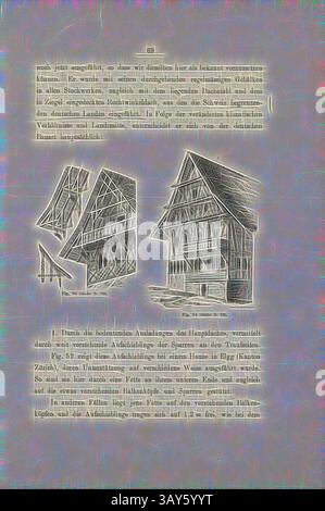 L'illustration représente deux structures traditionnelles à ossature de bois, mettant en valeur des caractéristiques architecturales distinctives. Une structure montre un toit fortement incliné avec des poutres apparentes, tandis que l'autre met en évidence des détails complexes du cadre et du système de support. Le texte d'accompagnement donne un aperçu des techniques de construction et de l'importance historique de ces types de bâtiments., Maison à Hausen am Albis, Fig. 53 : barres de toit, Fig. 54 : Maison à Hausen am Albis, p. 69, 1885, Ernst Gladbach : Die Holz-Architectur der Schweiz, 2. Aufl. Zürich & Leipzig : Orell Füssli, 1885, Art classique avec un Banque D'Images