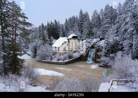 Une maison isolée nichée dans une forêt enneigée surplombe une piscine gelée et une petite cascade. La beauté tranquille de l'hiver enveloppe la scène tranquille. Slovénie Banque D'Images